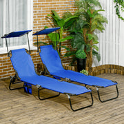 Pool Chaise Lounge Chairs Set Of 2, Folding Lounge Chairs With Sunshade, Reclining Back, Steel Frame, Blue