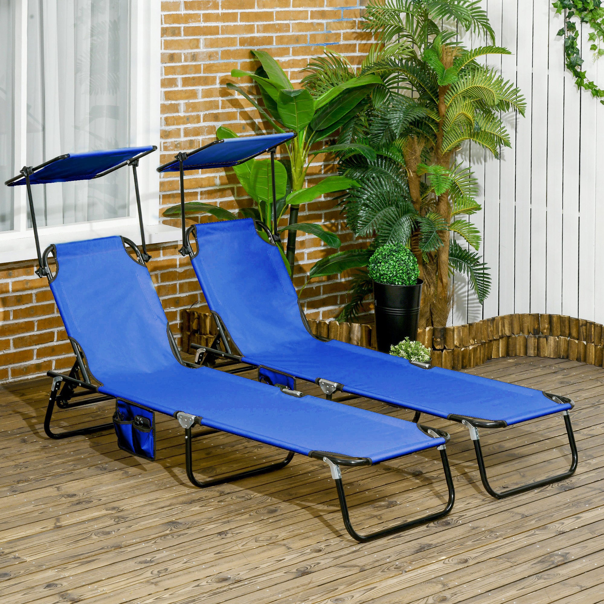 Pool Chaise Lounge Chairs Set Of 2, Folding Lounge Chairs With Sunshade, Reclining Back, Steel Frame, Blue