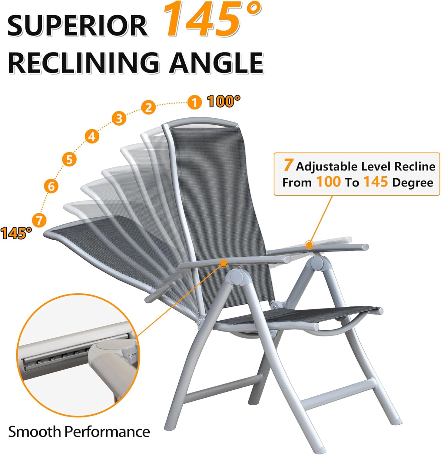 Patio Folding Chairs Set Of 2, Aluminium Frame Outdoor Reclining Patio Chairs For Garden Camping Poolside Beach Deck, Adjustable High Back Lawn Chairs With Textilene Fabric Seat, Dark Gray
