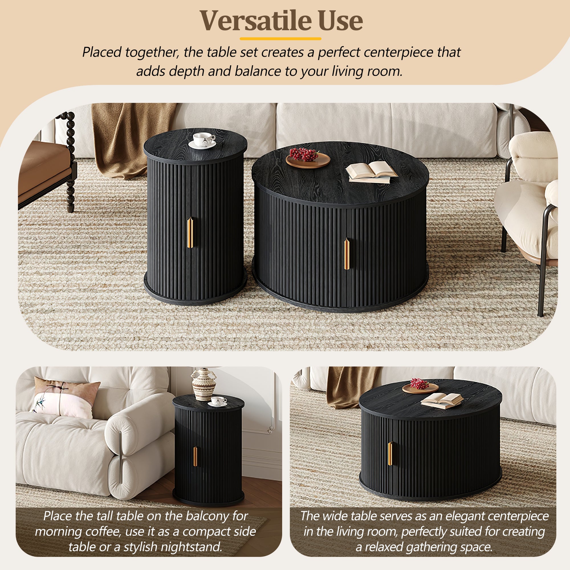 Mid-Century Coffee Table Set With Sliding Tambour Door, Round Fluted End Table With Storage, Golden Handle Tall & Low Side Table With Wooden Finish For Living Room, Set Of Two, Black