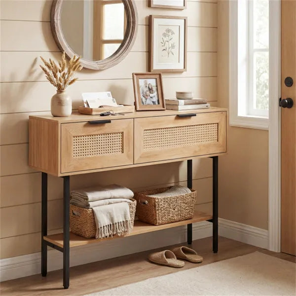 Natural Rattan Console Table With Storage Cabinets & Open Shelf, 40 Inch Entryway Table With Sturdy Carbon Steel Frame For Living Room, Hallway, Sofa Table