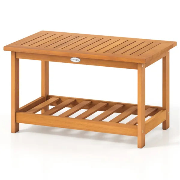 Sturdy Slatted Outdoor Coffee Table With Lower Shelf, Indoor Outdoor Multi-Purpose Center Table