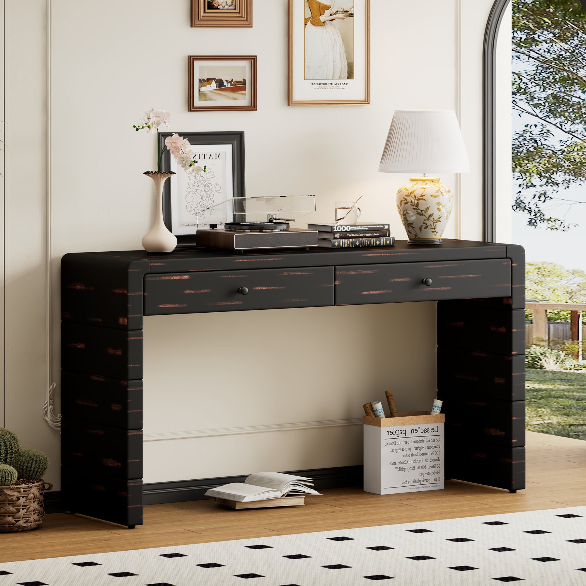 TREXM Curved Console Table With Storage  Wooden Entryway Table With 2 Drawers  Farmhouse Rustic Console Tables For Entryway  Hallway  Living Room  Distressed Black