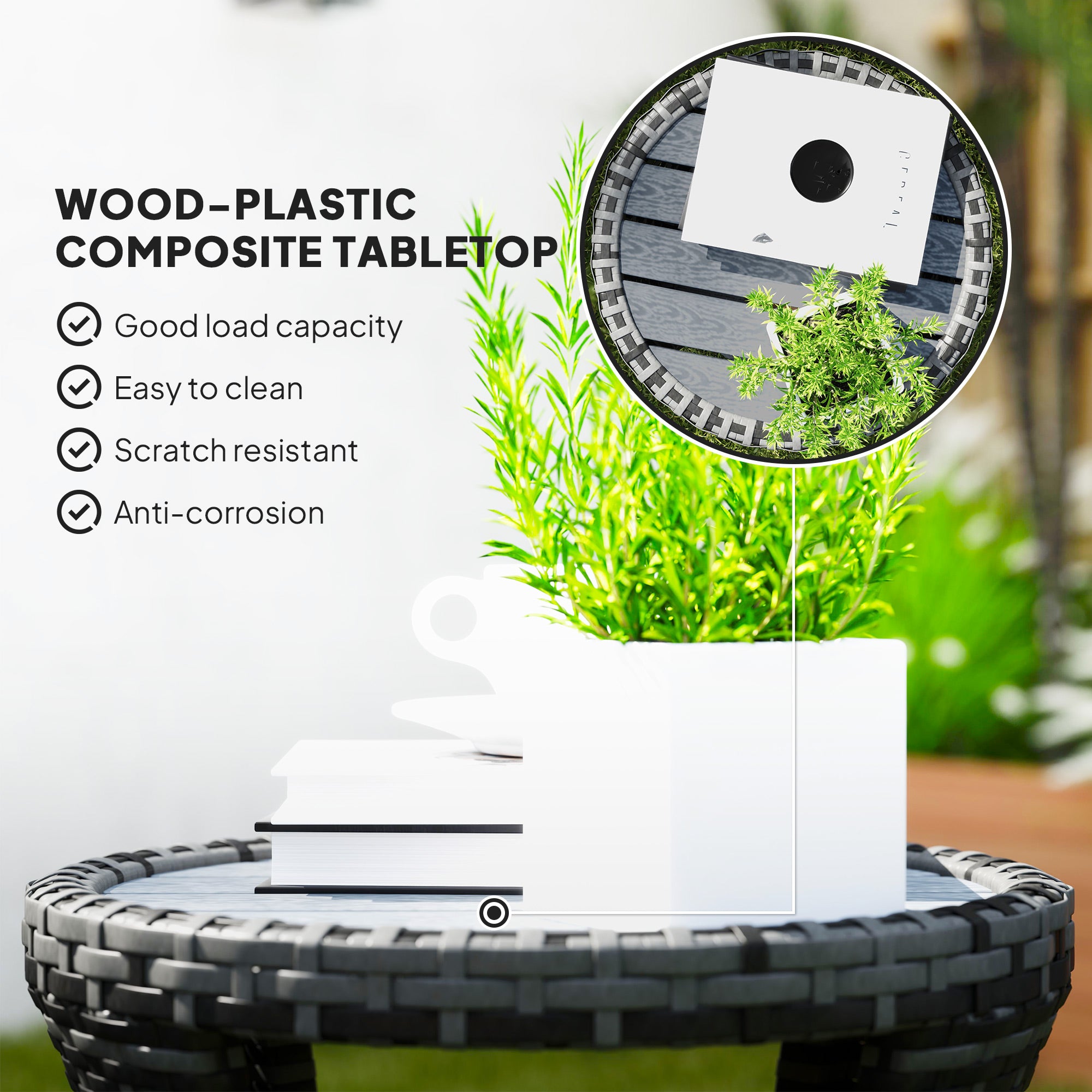 18" Wicker Outdoor Coffee Table, PE Rattan Patio Side Table with 2-Tier Storage, Composite Wood Top, Gray