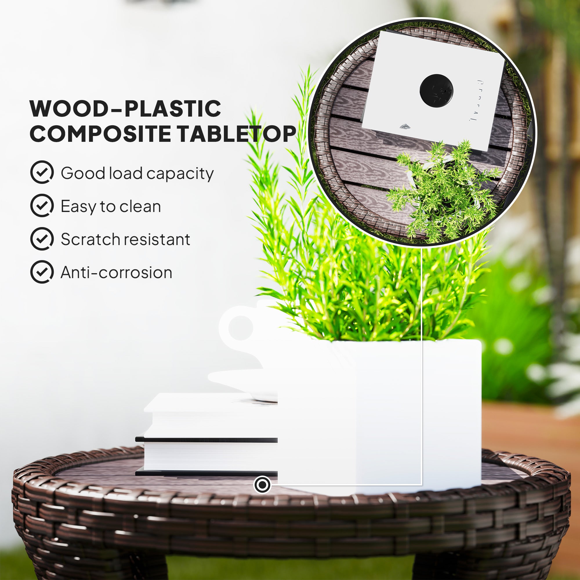 18" Wicker Outdoor Coffee Table, PE Rattan Patio Side Table with 2-Tier Storage, Composite Wood Top, Mixed Brown