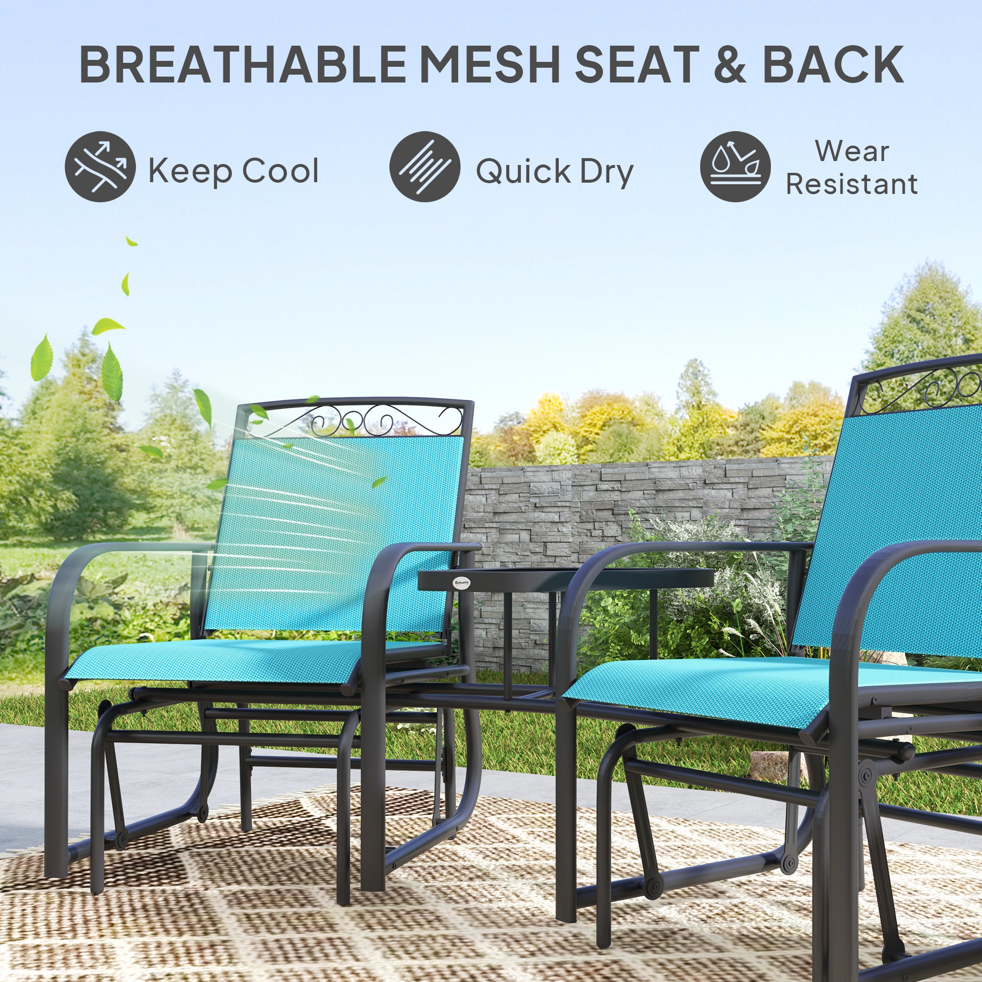 Outdoor Glider Chairs With Coffee Table, Patio 2-Seat Rocking Chair Swing With Breathable Sling For Backyard, Blue