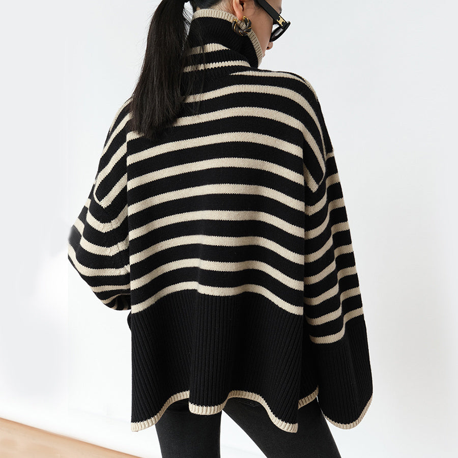 Fashion Striped Turtleneck Sweater Casual Loose Slit Design Sweater Winter Tops Womens Clothing