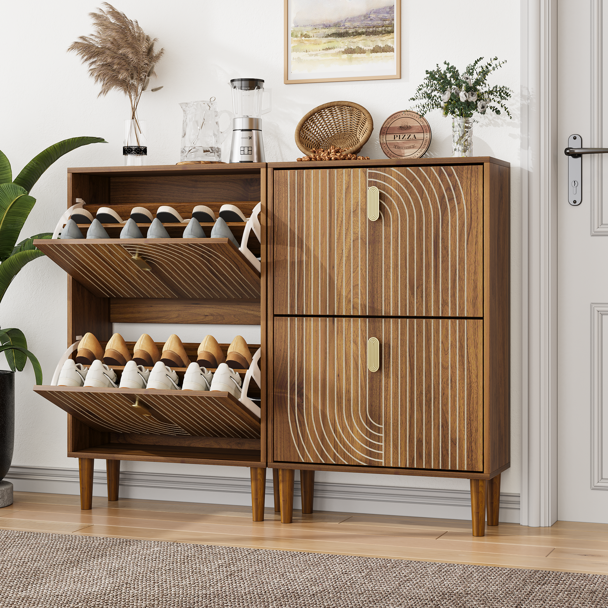 Shoe Storage Cabinet With 2 Flip Drawers,Free Standing Shoe  Cabinet With Metal Handles For Entryway,Shoe Rack Cabinet With Line Groove Design,23.6 W