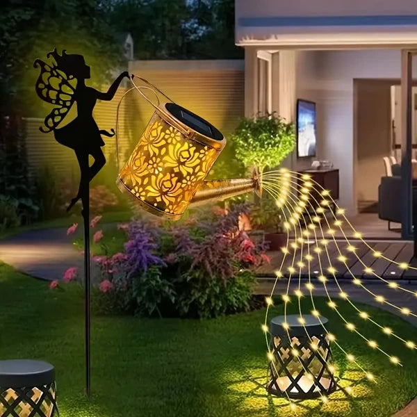 Ouddy Decor Fairy Garden Decor With Solar Watering Can, Metal Statues With Hanging Lanterns Waterfall Lights Silhouette Waterproof For Lawn Pathway Decorations Gardening Gifts For Mother's Day