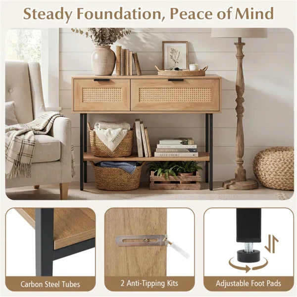 Natural Rattan Console Table With Storage Cabinets & Open Shelf, 40 Inch Entryway Table With Sturdy Carbon Steel Frame For Living Room, Hallway, Sofa Table