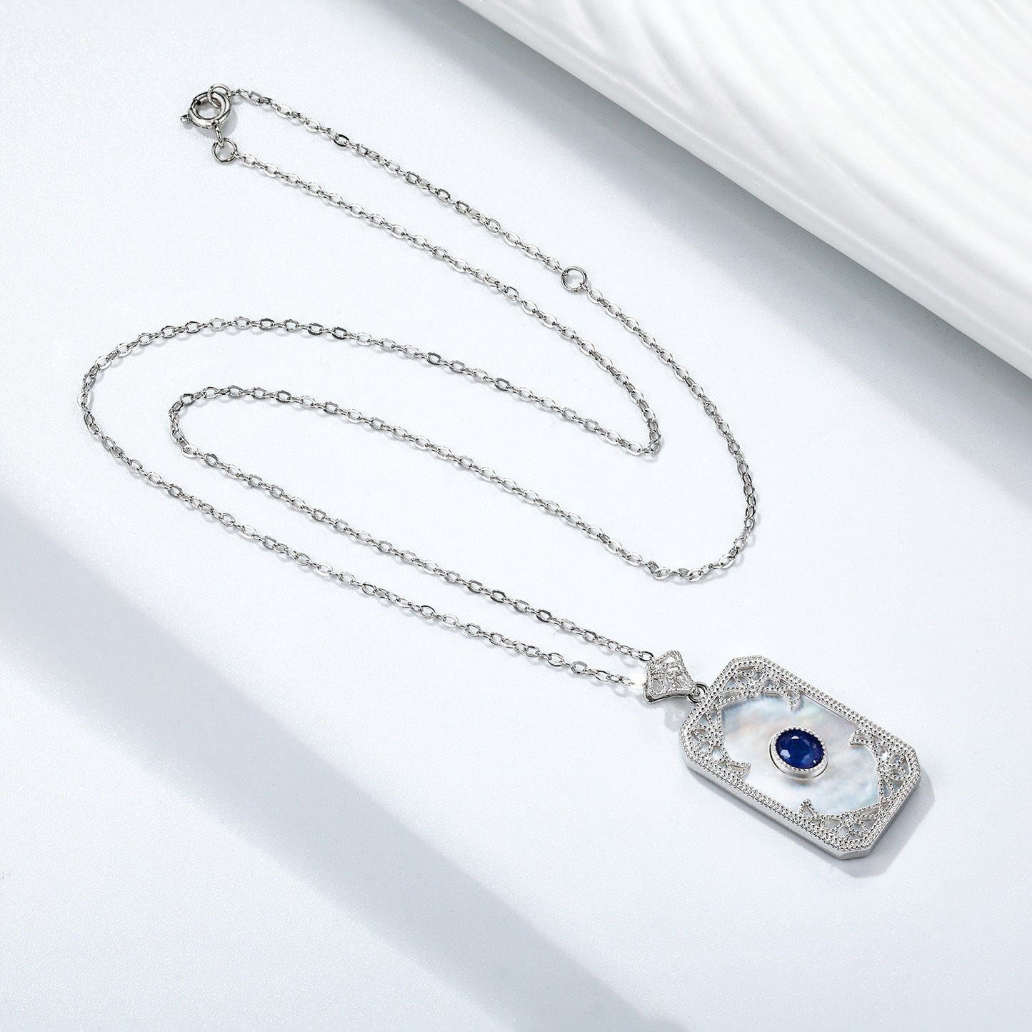 Natural Mother Shell Pendant 925 Silver Inlaid Sapphire Necklace