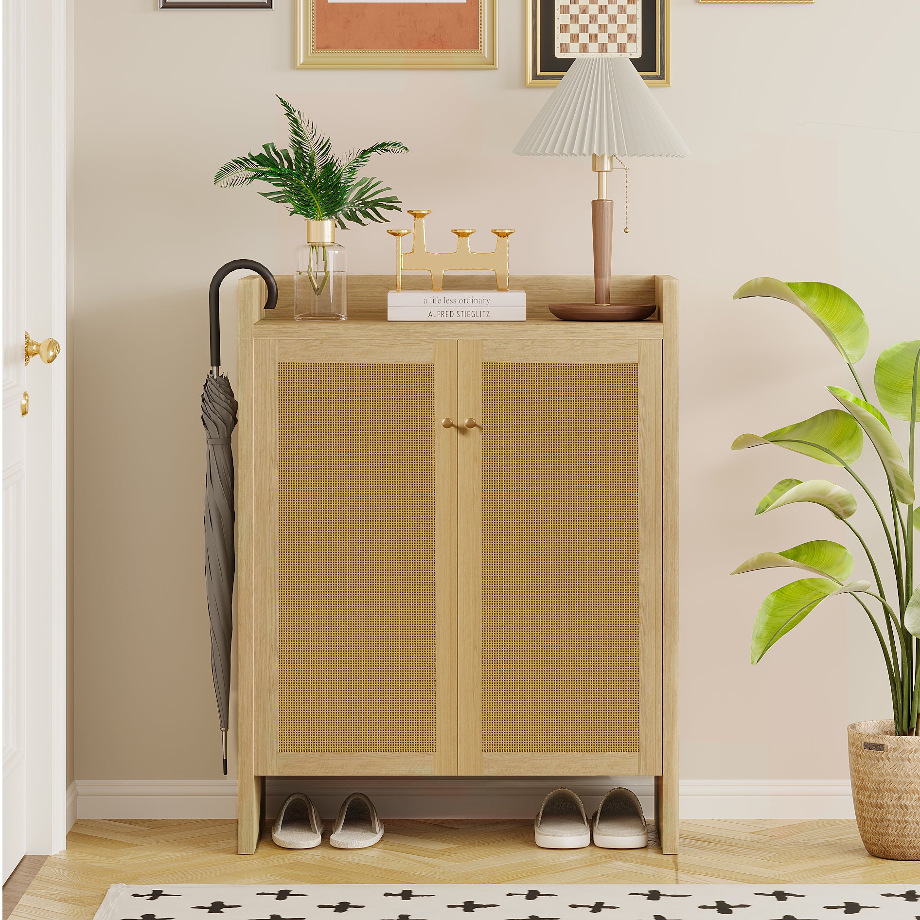 42.5 Tall Rattan Shoe Cabinet With Doors, 6-Tier Shoe Storage Cabinet With Adjustable Shelves, Wooden Freestanding Shoe Organizer Shoe Cabinet For Entryway,Hallway,Living Room Natural