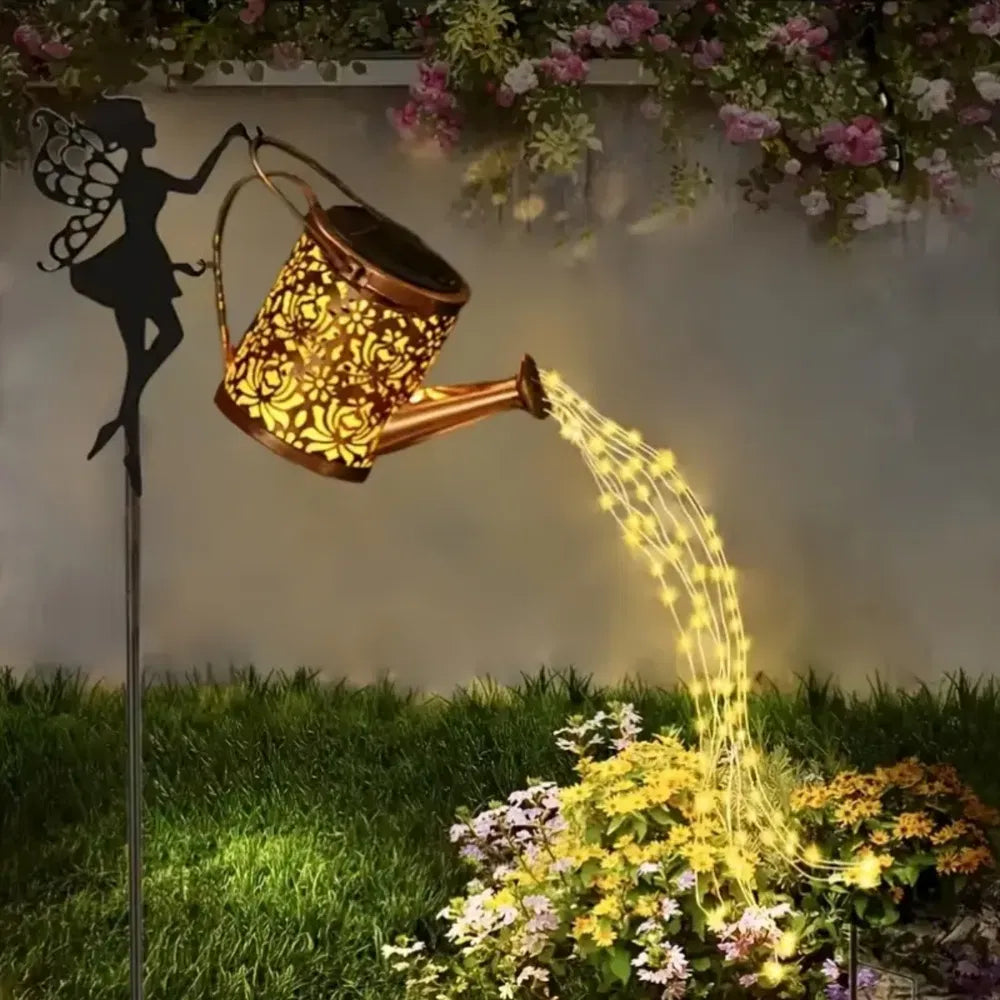 Ouddy Decor Fairy Garden Decor With Solar Watering Can, Metal Statues With Hanging Lanterns Waterfall Lights Silhouette Waterproof For Lawn Pathway Decorations Gardening Gifts For Mother's Day