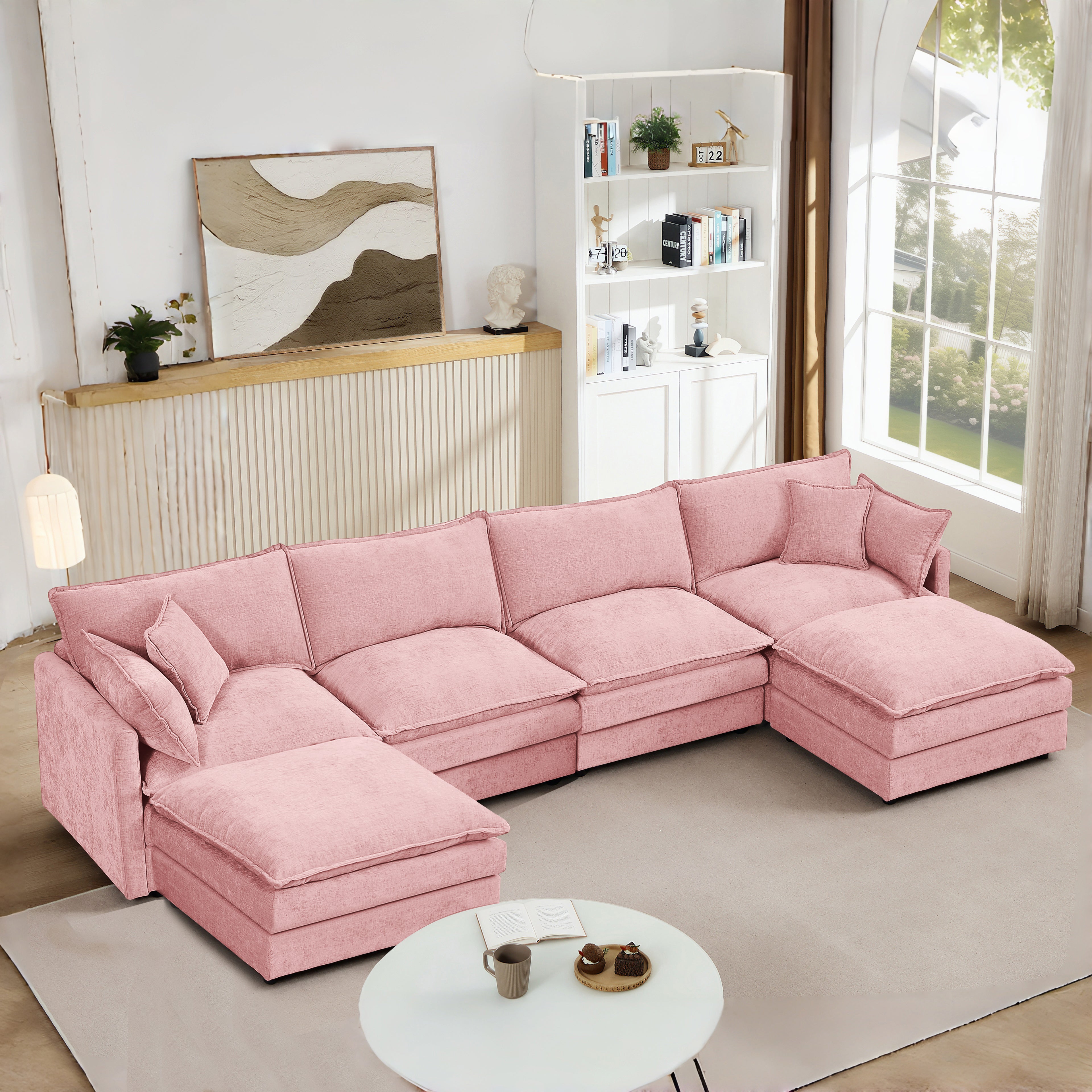 Modular Sectional Sofa, 130.7 Inch U Shaped Couch Set For Living Room, 4-Seater Comfy Cloud Couches With Movable Ottoman, DIY Combination, Chenille