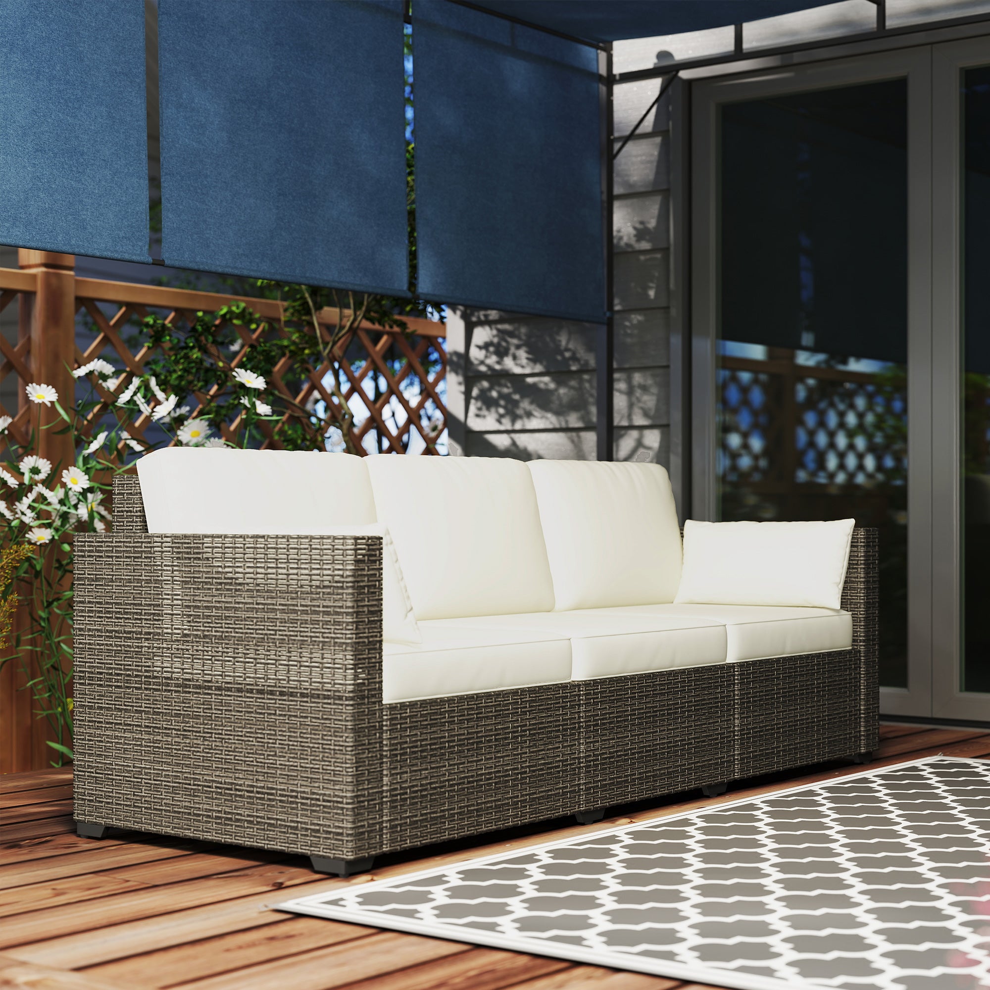 Patio Couch PE Wicker Deep Seating Outdoor Sofa with Removable Cushions, 3 Seater Rattan Sofa, Outdoor Furniture for Balcony, Deck, Garden and Poolside, Cream White