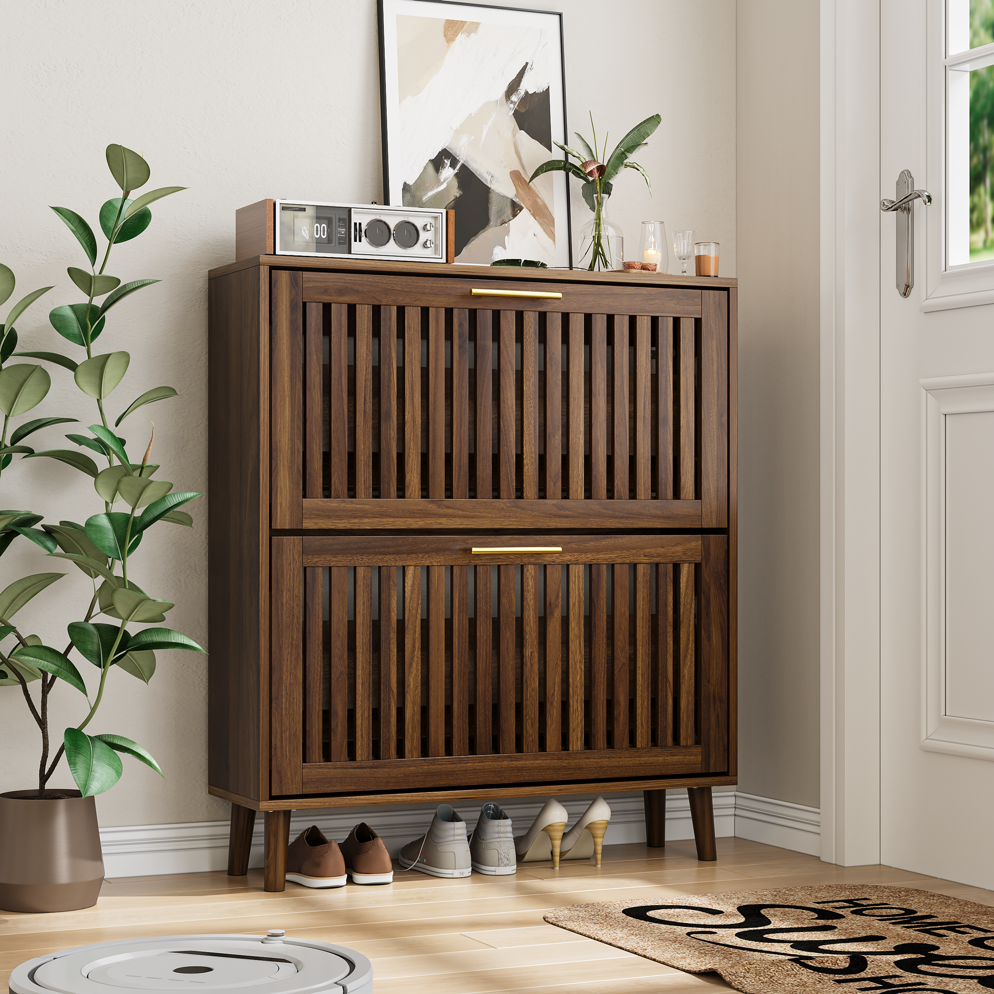 31.5-inch Walnut Shoe Storage Cabinet, Medieval Modern Independent Shoe Cabinet, Fence Shoe Cabinet With 2 Flip Drawers, Suitable For Corridors And Entrances