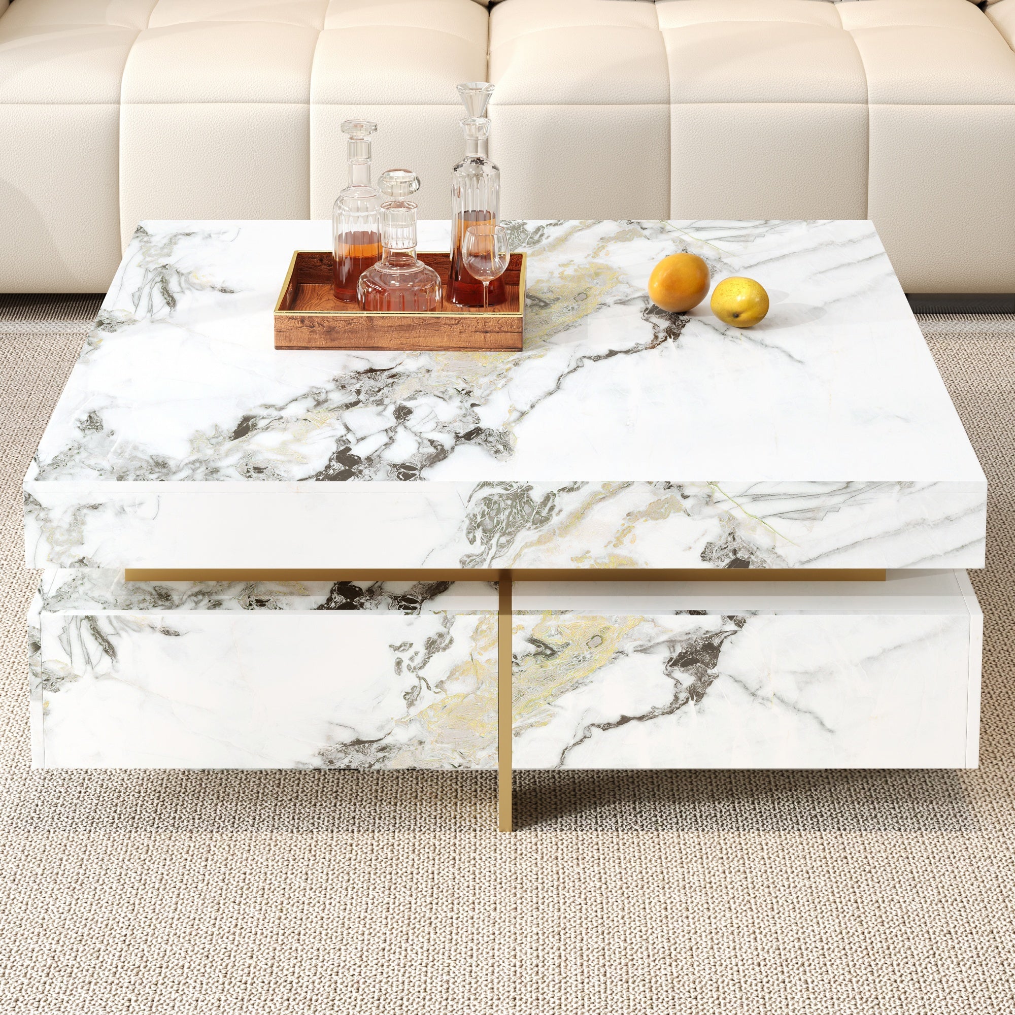 Modern Square Marble Textured Coffee Table With 4 Drawers And Suspended Base, White, 43.3
