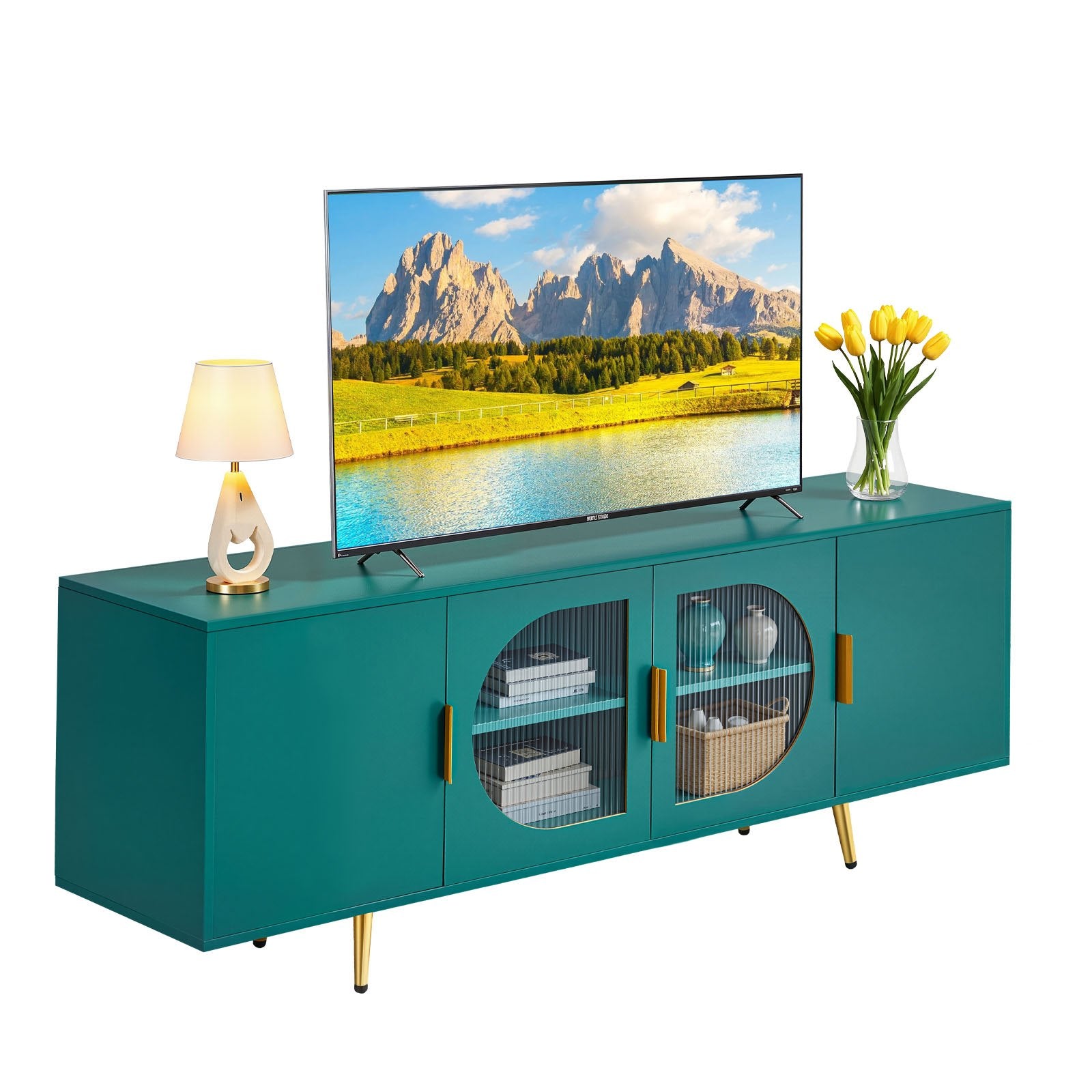 TV Stand For TVs Up To 75 Inch, Modern Entertainment Center With Glass Doors And Gold Legs, TV Cabinet Storage With Adjustable Shelves, Media Console Table For Living Room And Bedroom, Green