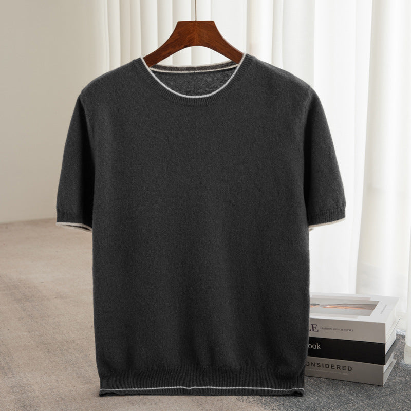 Pure Wool Half Sleeve Men's Color-block Crew Neck Knitted Short Sleeve