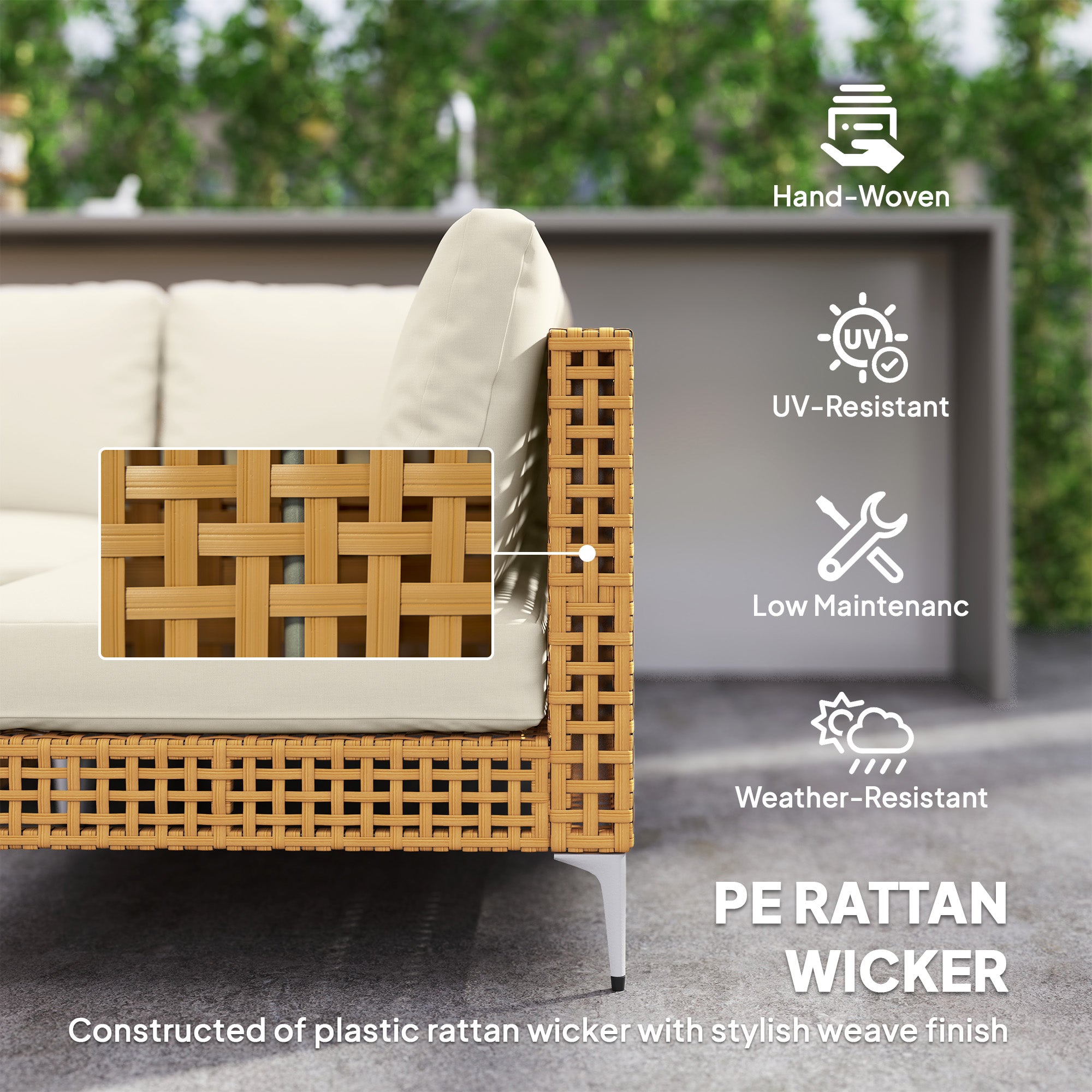 7 Piece Wicker Patio Furniture Set, Modular Outdoor Sectional with Thickened Cushions, Acacia Wood Table, Khaki/Beige