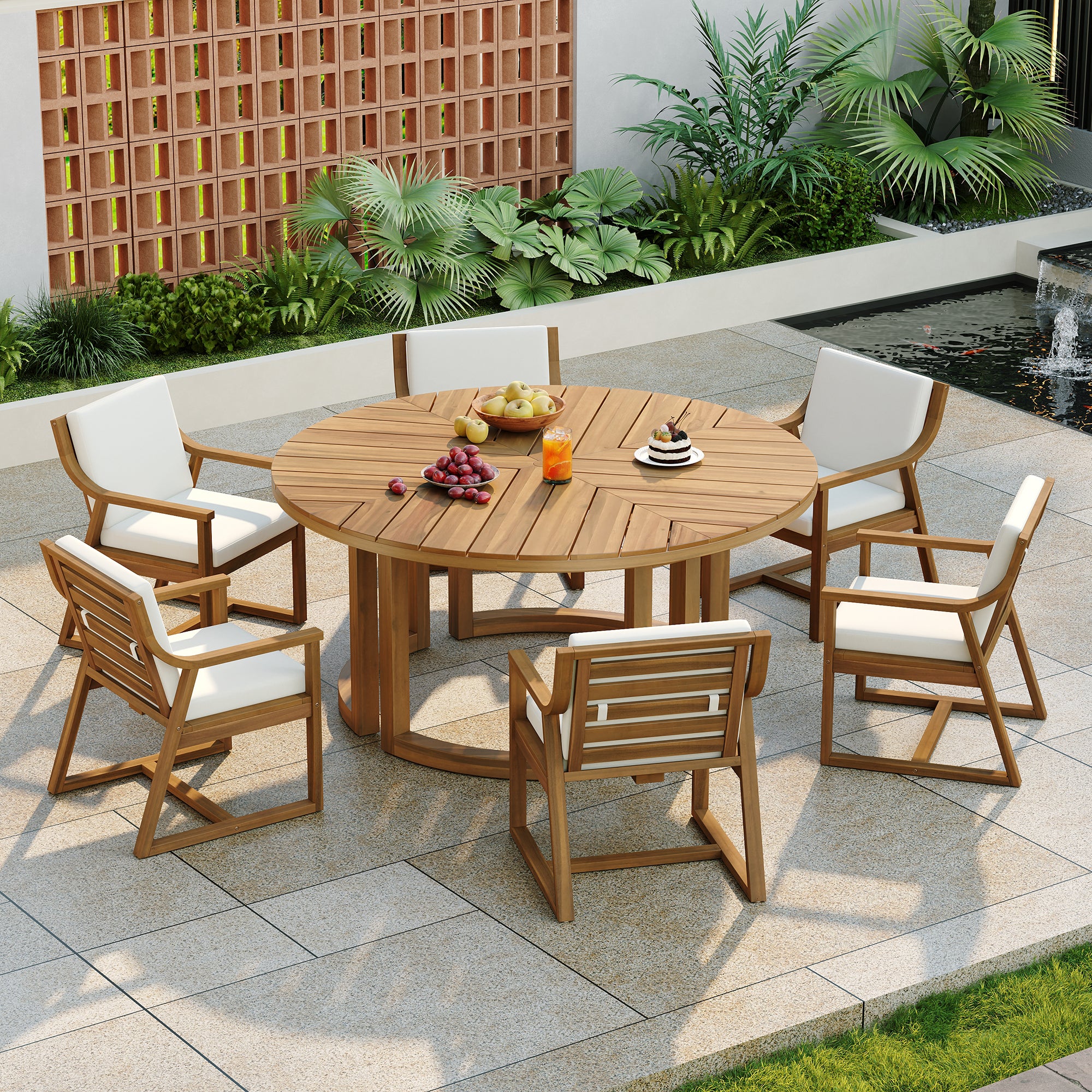 TREXM Patio Dining Table Set For 6  Round Dining Table With 1.96 Umbrella Hole  Outdoor Wooden Patio Furniture Set With Removable Cushions For Garden  Backyard And Pools  Light Teak Beige Cushion