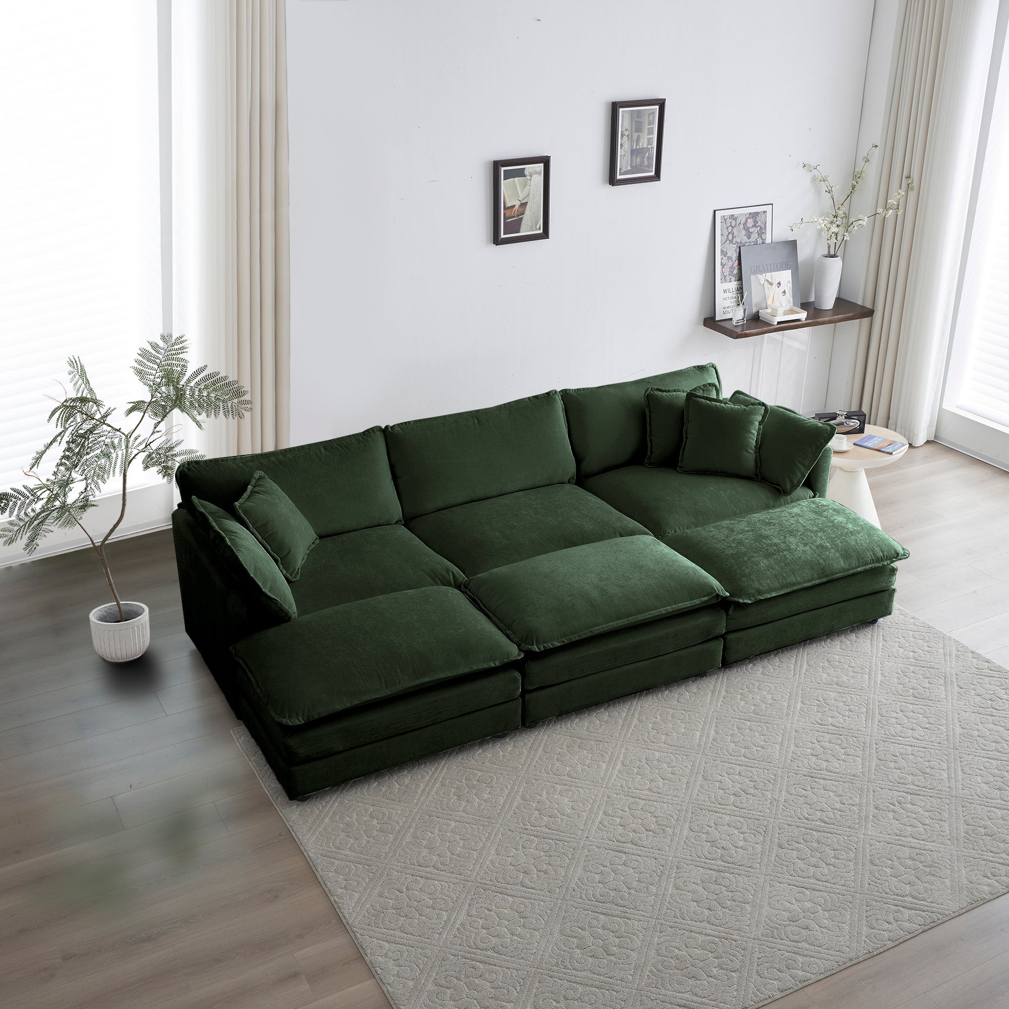 Comfortable Deep Seat Reversible Modular 6 Seater Sectional Super Soft Sofa U Shaped Sectional Couch With 3 Ottomans, 3 Toss Pillows And 2 Arm Pillows