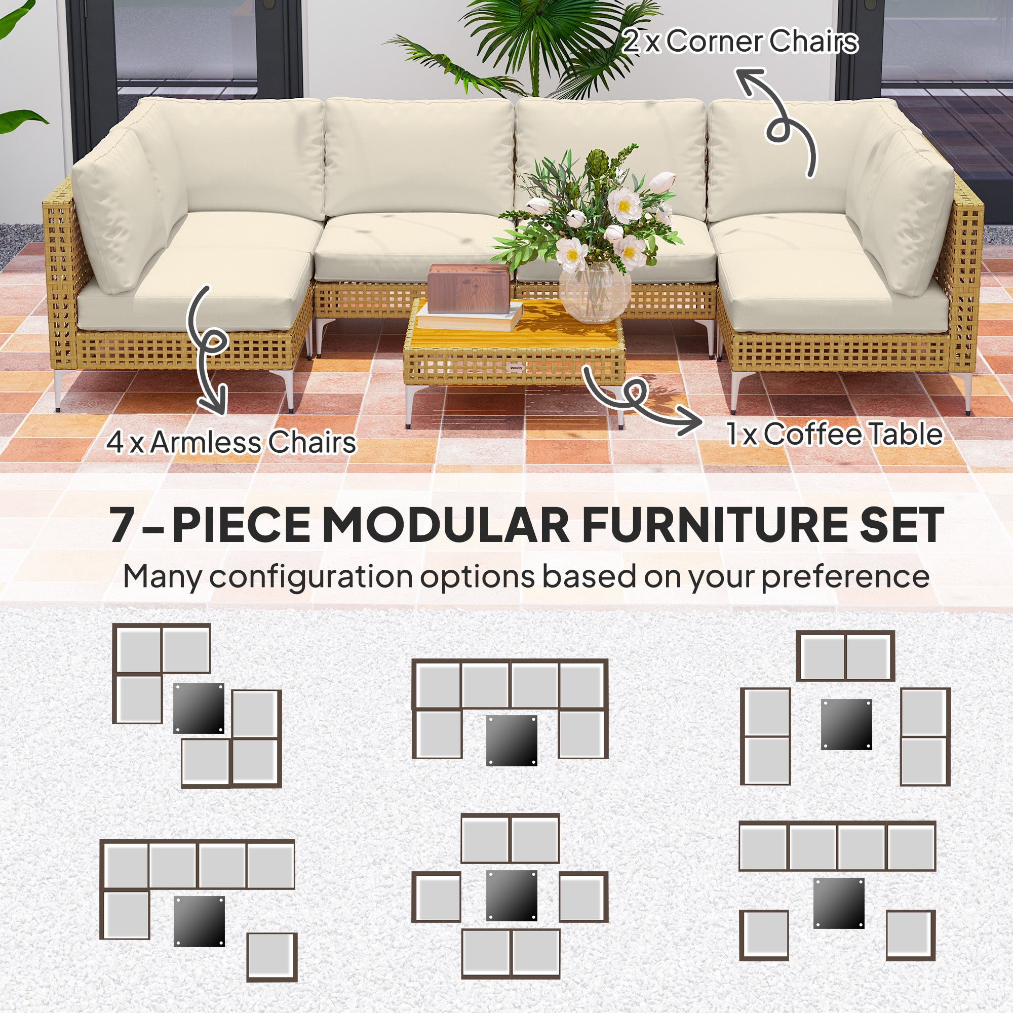 7 Piece Wicker Patio Furniture Set, Modular Outdoor Sectional with Thickened Cushions, Acacia Wood Table, Khaki/Beige