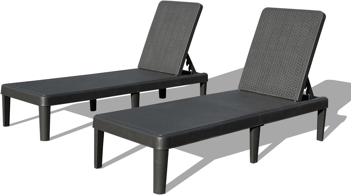 Pool Lounge Chairs Set Of 2, Outdoor Lounge Chairs With 6 Positions Backrest Adjustable, Resin Waterproof Chaise Lounge Outdoor For Poolside Patio Garden Deck