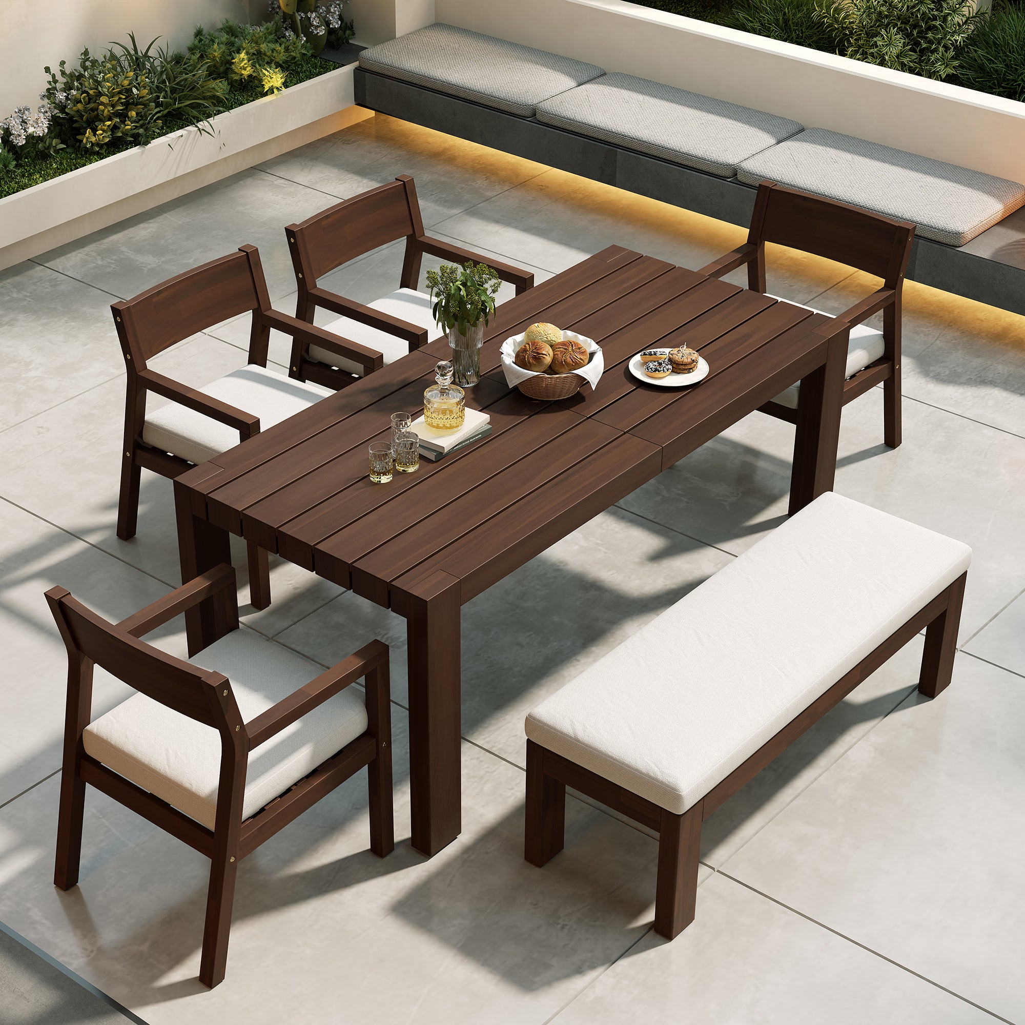 TREXM Patio Dining Table Set For 6  Outdoor Furniture Sets With Umbrella Hole  71 Rectangular Table  Chairs And Bench With Removable Cushions For Backyard  Garden  Poolside  Mocha Beige Cushion