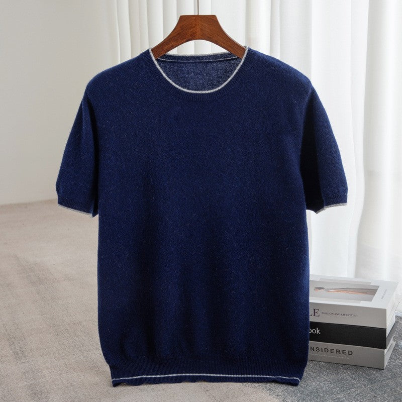 Pure Wool Half Sleeve Men's Color-block Crew Neck Knitted Short Sleeve