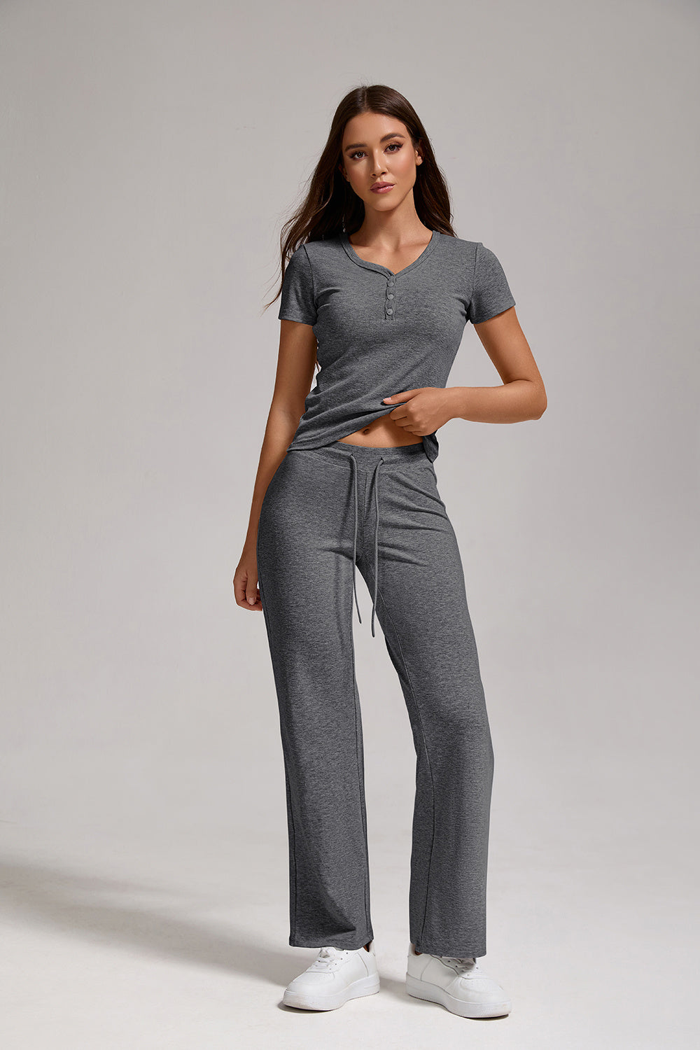 Women's Casual Sports Two-piece Set With V-neck Button, Short Sleeved, Low Waisted Flared Pants, Sportswear