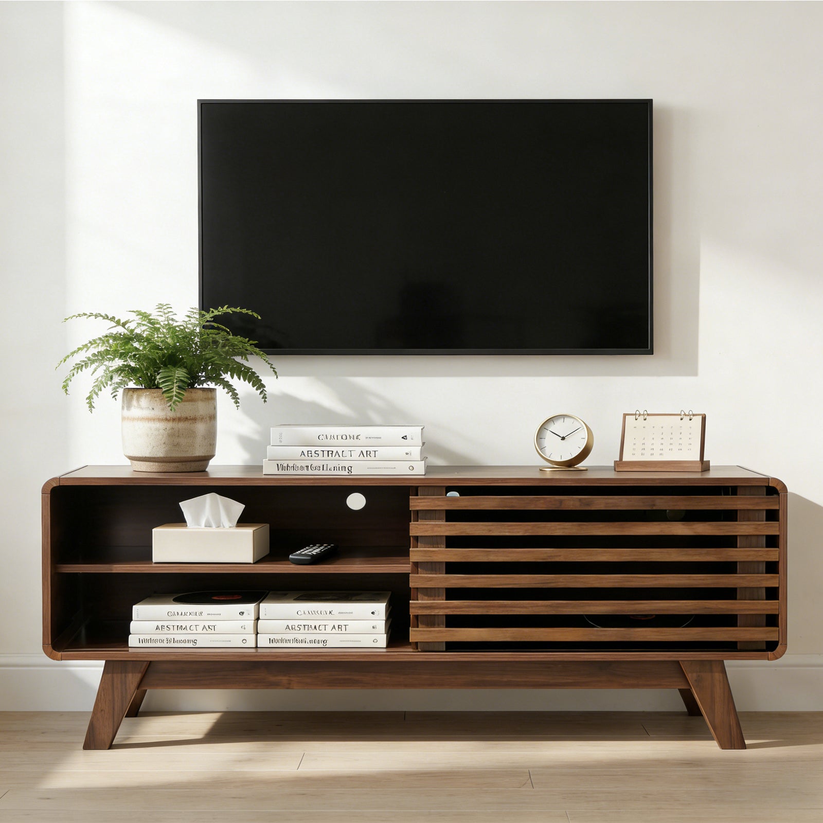 TV Stand With Storage, Entertainment Center With Slatted Sliding Door, Mid Century Modern TV Stand, Farmhouse Media Console For Living Room Walnut, 46