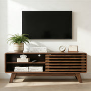 TV Stand With Storage, Entertainment Center With Slatted Sliding Door, Mid Century Modern TV Stand, Farmhouse Media Console For Living Room Walnut, 46