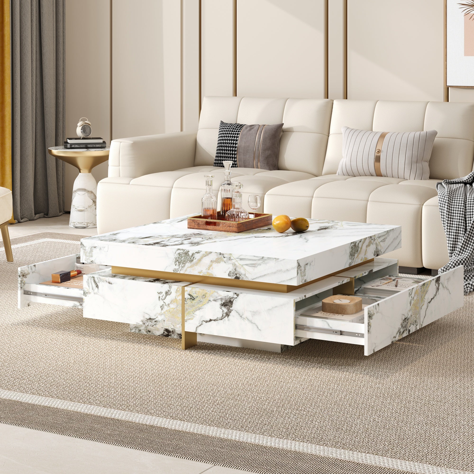 Modern Square Marble Textured Coffee Table With 4 Drawers And Suspended Base, White, 43.3