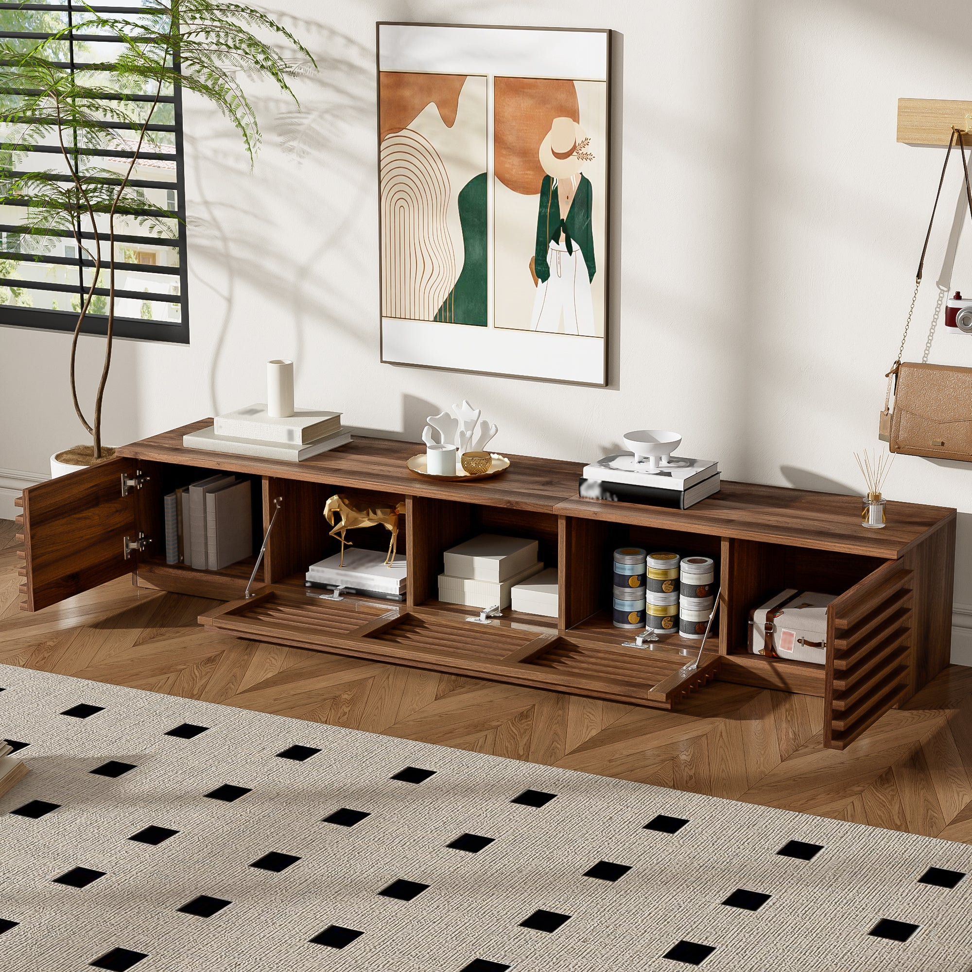 70 Inch Modern TV Stand For TVs Up To 80, Entertainment Center With Cable Management, Soft-Closing Hinges For Living Room