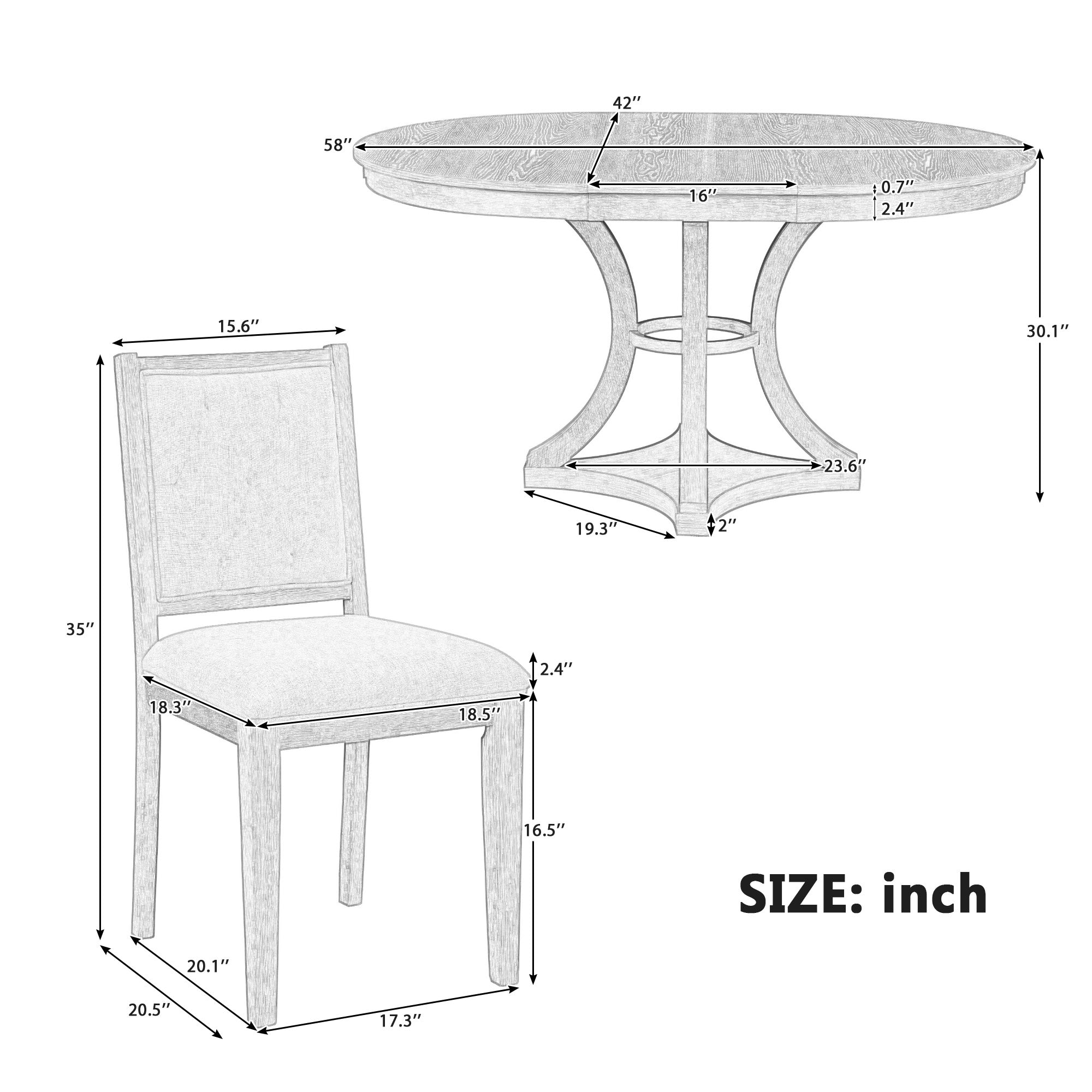 TREXM 5-Piece Retro Functional Dining Table Set Extendable Round Table And 4 Upholstered Chairs For Dining Room And Living Room  Natural