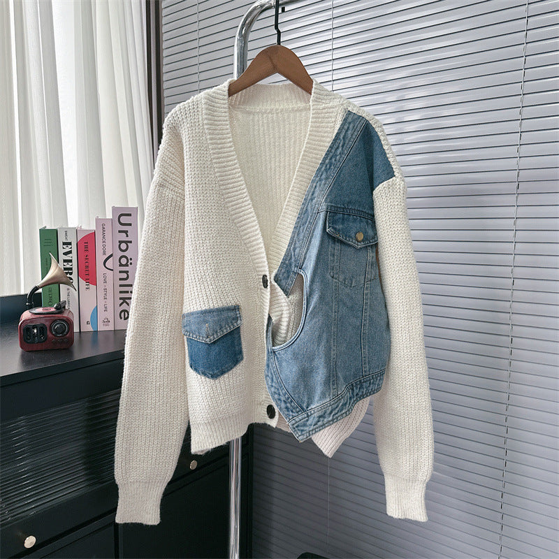 Design Sense Niche Stitching Denim Sweater Coat Fake Two-piece Knitted Cardigan