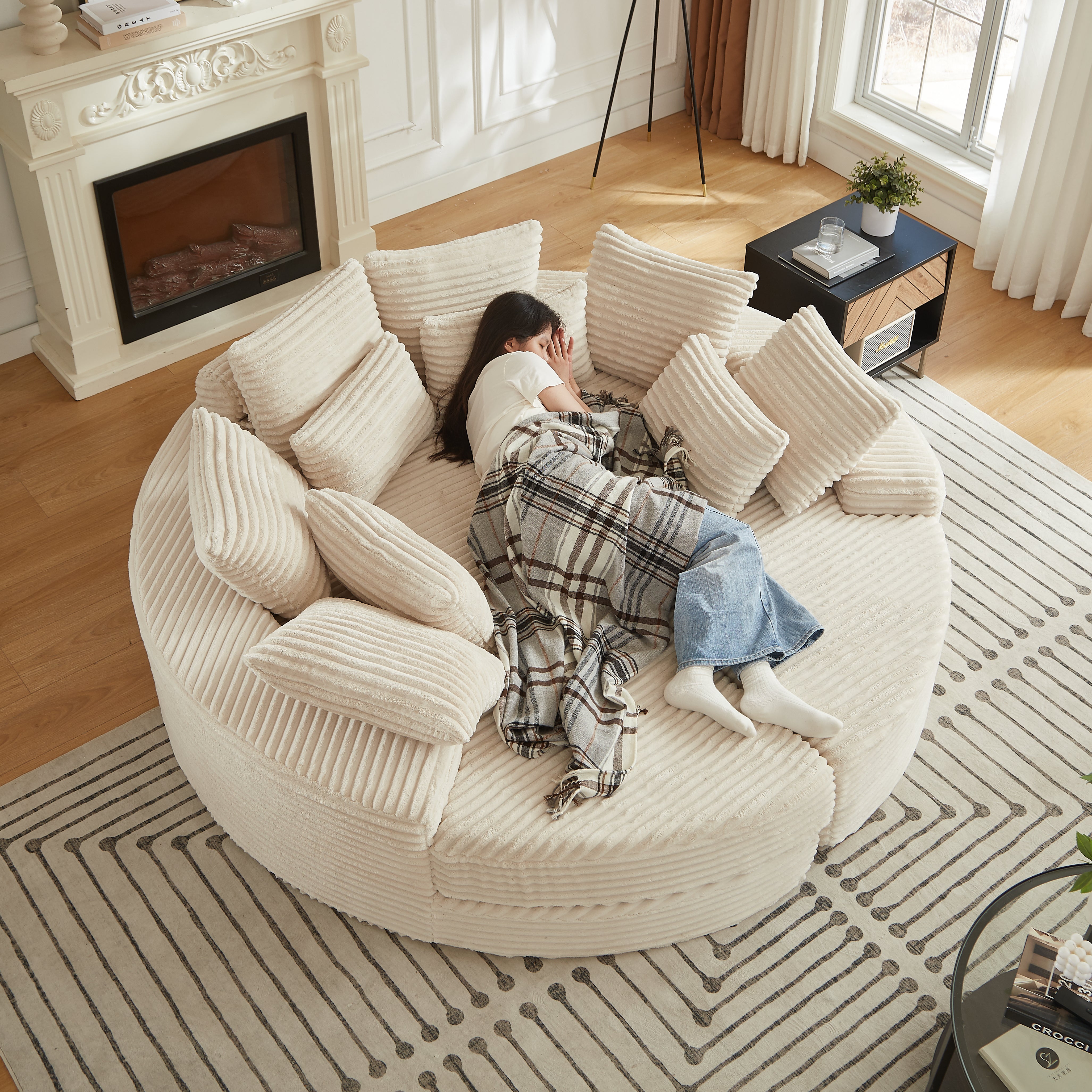 78.5-inch Corduroy Round Oversized Recliner, Converts Into Two Recliners, 2-In-1 Sofa Bed, Neck Pillow Design With Five Throw Pillows
