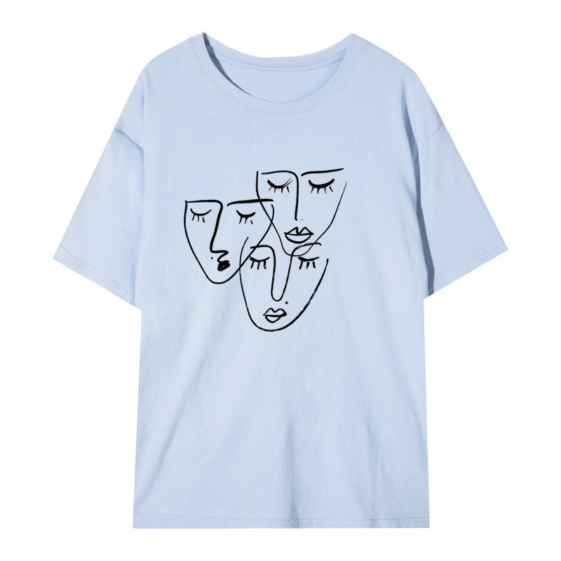 Women's Loose Printed T-shirt With Characteristic Line Face Mask