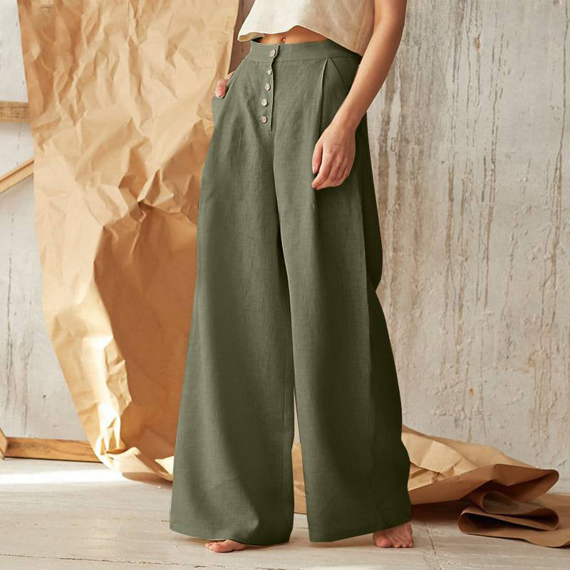 TrousersLadies' Solid High Waist Casual Button Cotton And Linen Wide Leg Trousers