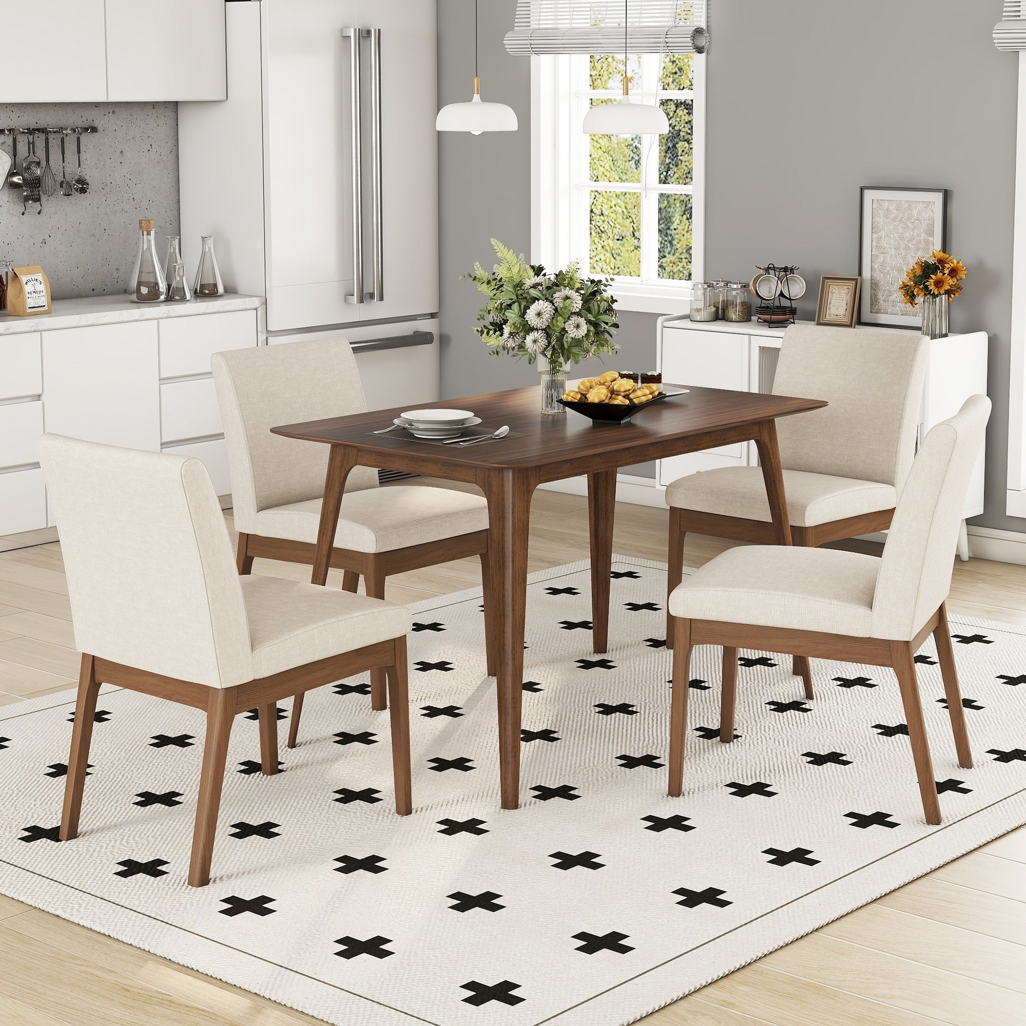 5-Piece Dining Table Set With One Solid Wood Frame Table And 4 Upholstered Chairs For Dining Room, Walnut-Light Beige