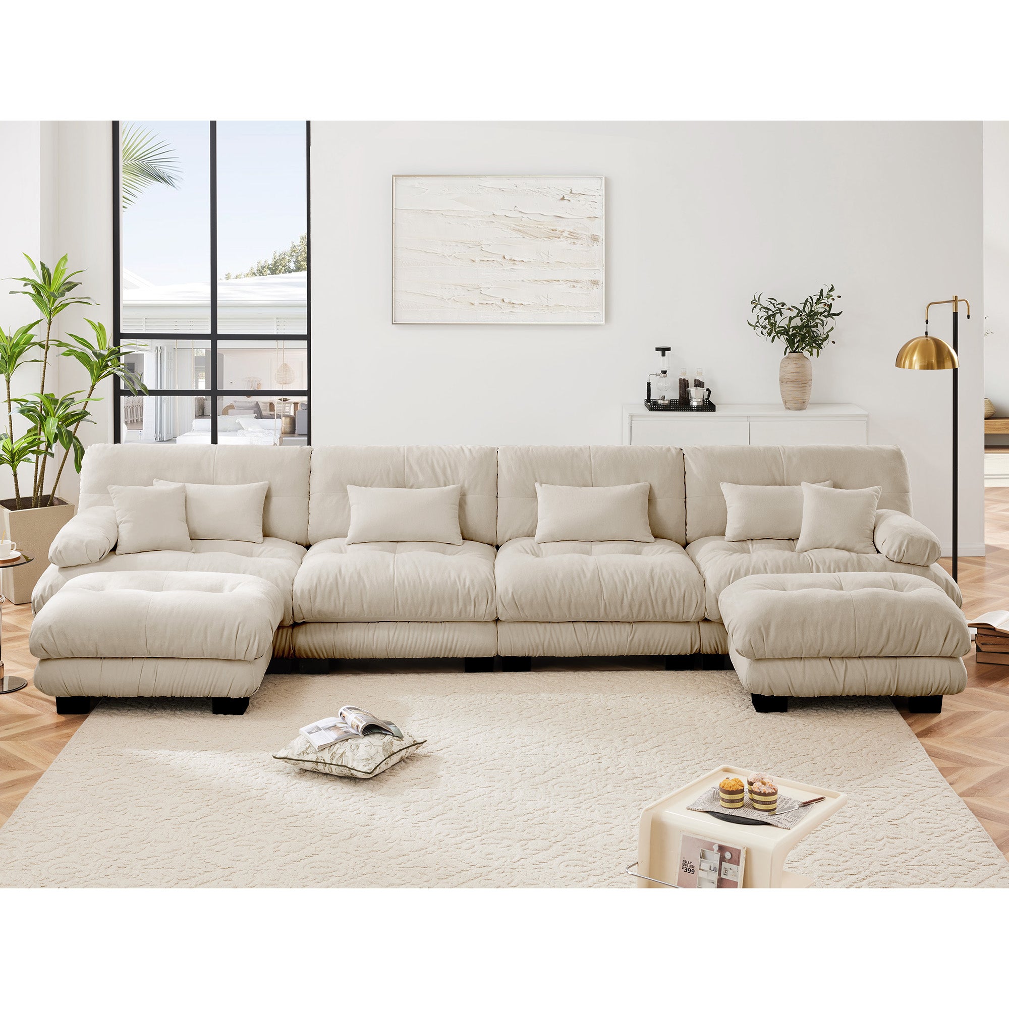 Free Combination Modular Sectional Sofa,U Shaped Couch For Living Room, 4-Seater Comfy Cloud Couch With 2 Ottomans, Chenille Light Coffee