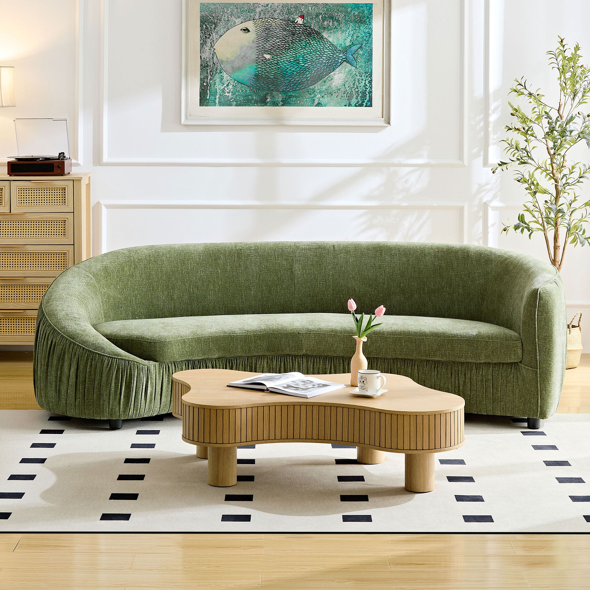 92.13 Inch Modern Design Curved Shaped Sofa Couch For Living Room,Upholstered Fabric 4-Seat Sofa No Need To Assembly Couch For Apartment,Green