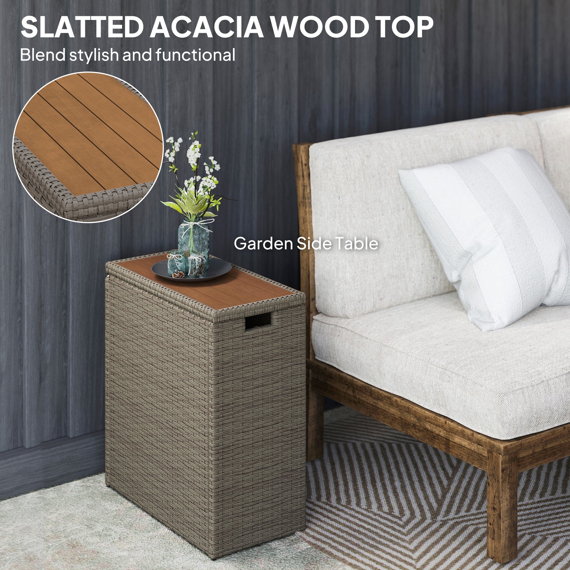 17-Gallon Small Deck Box, Wicker Outdoor Storage Box with Acacia Wood Top for Patio Cushions and Garden Tools, Teak