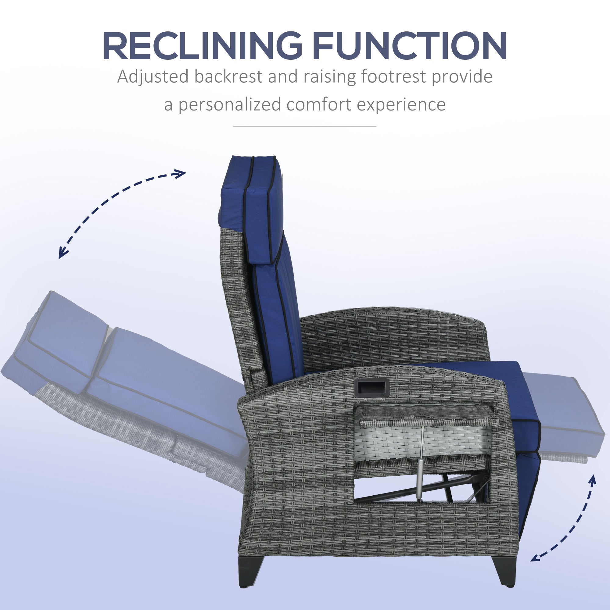 Outdoor Recliner Chair with Cushions, Reclining Patio Lounge Chair with Adjustable Footrest, Armrests, Tray Table, Blue