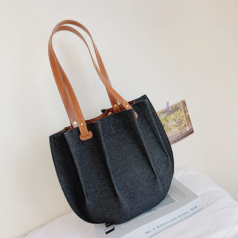 New Fashion Canvas Denim Pleated Tote Shoulder Bag