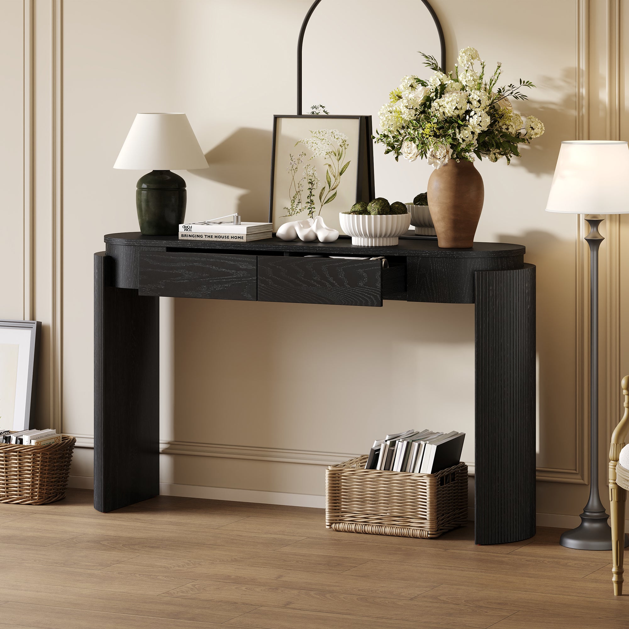 TREXM Entryway Table With Natural Wood Grain Finish  Console Table With Fluted Design  Oval Top And 2 Drawers For Entryway And Living Room  Black