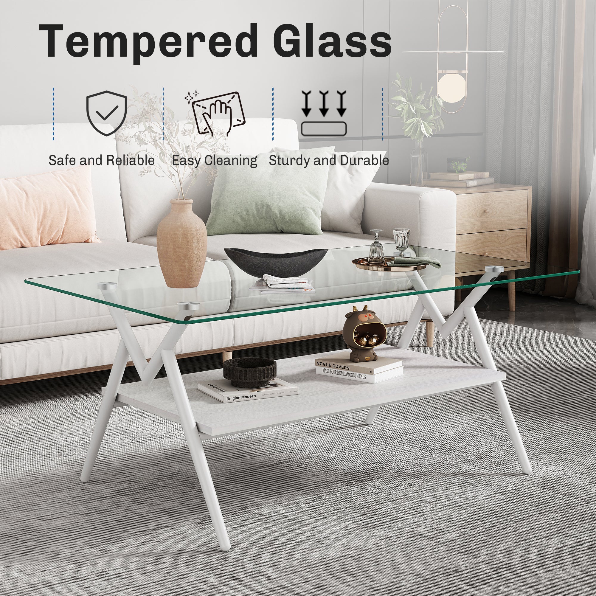 Coffee Table And End Tables Set Of 3, Tempered Glass Table With MDF Layer, Modern Tables For Living Room , Transparent Glass