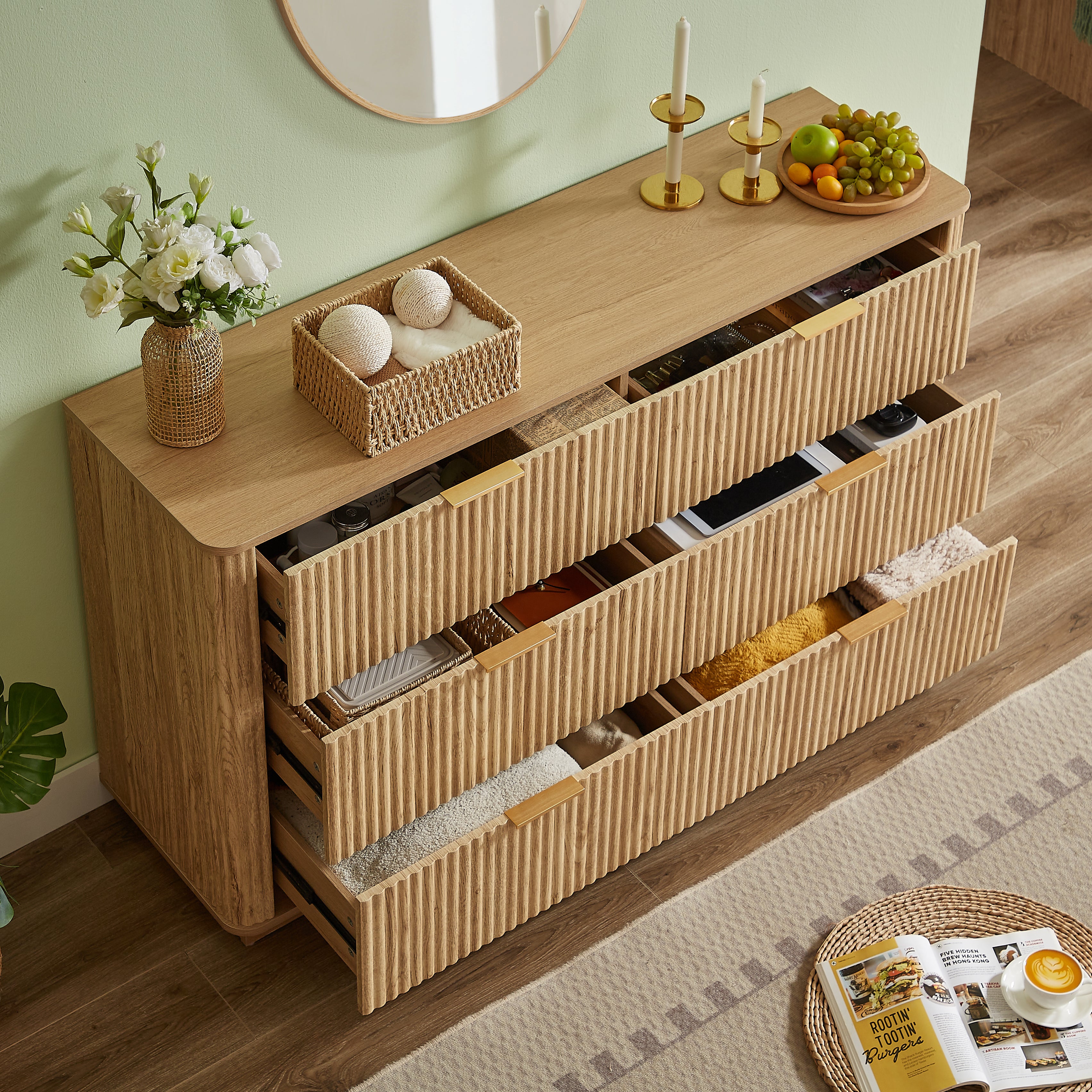 6 Drawers Dresser,55 Wide Modern Chest Of Drawers Curved Wave Design, Dresser TV Stand, Wood Drawer Organizer For Bedroom, Living Room, Hallway, Walnut,55.12W X 15.75D X 31.5H.