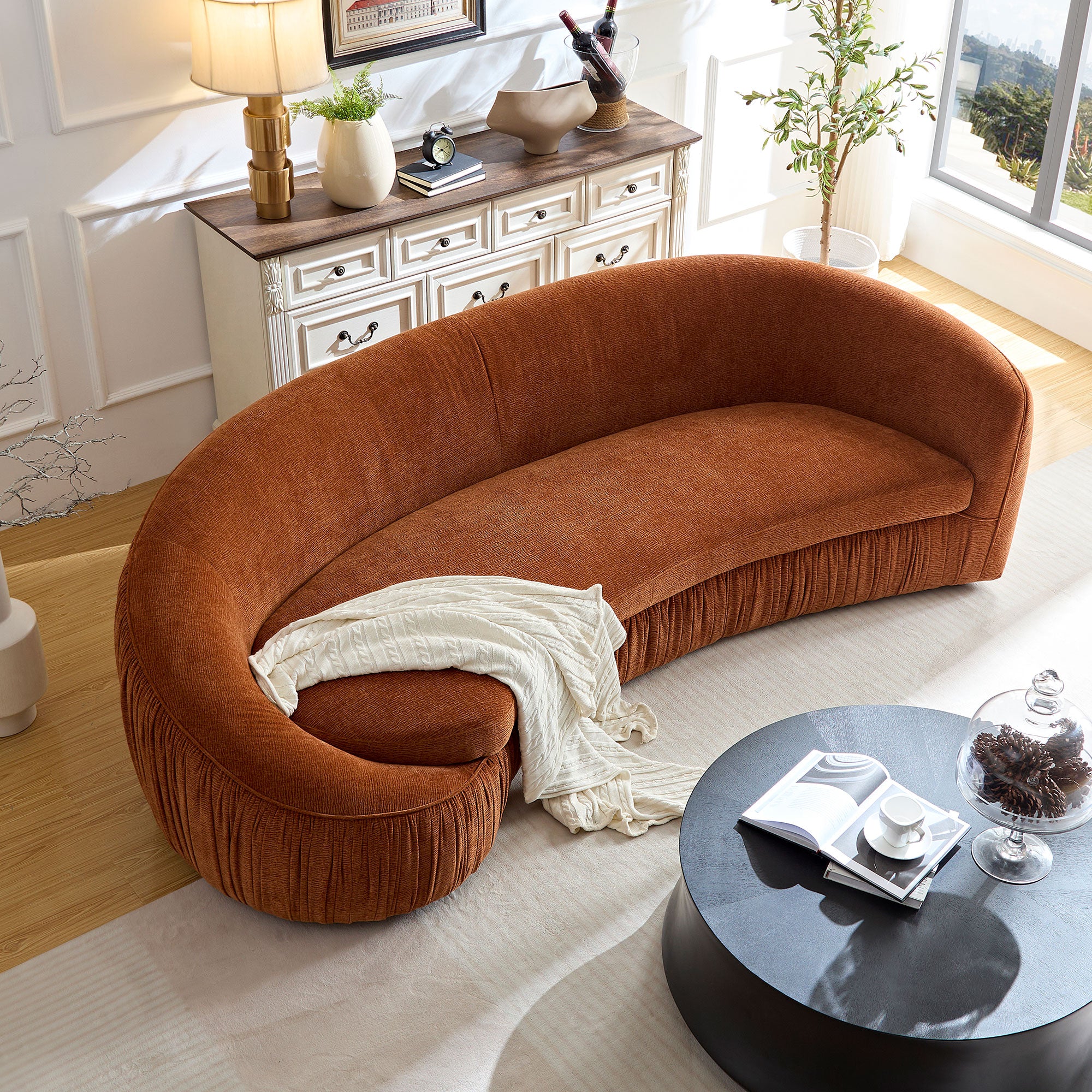 92.13 Inch Modern Design Curved Shaped Sofa Couch For Living Room,Upholstered Fabric 4-Seat Sofa No Need To Assembly Couch For Apartment,Orange